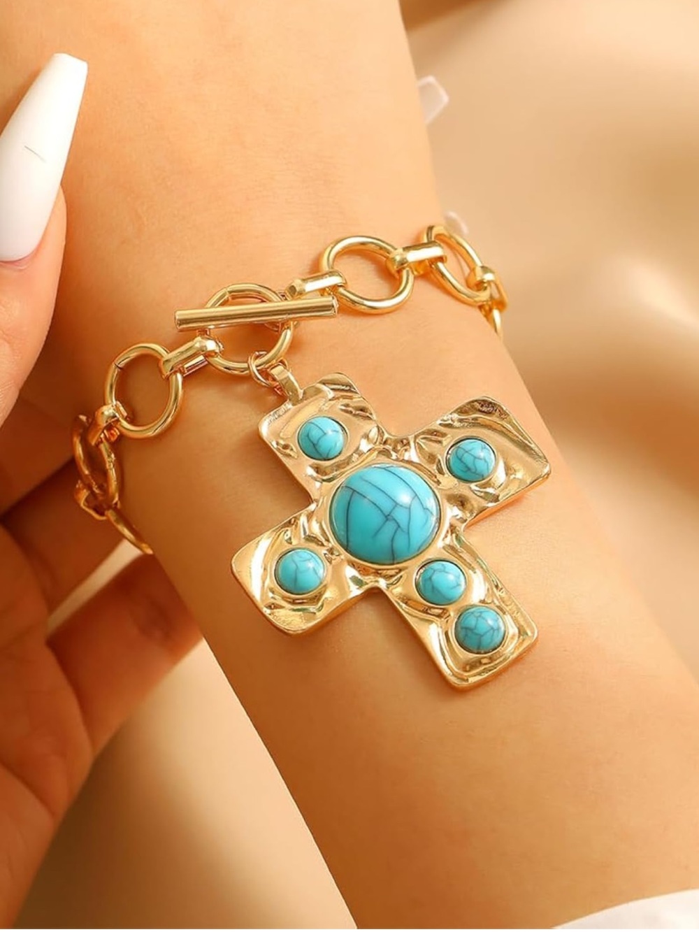 New  Gold-Tone Chain Necklace with Turquoise Cross Pendant